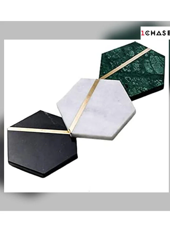 1Chase 4-Piece Hexagon Marble Coasters For Drinks Marble Coasters with Brass Inlay Set