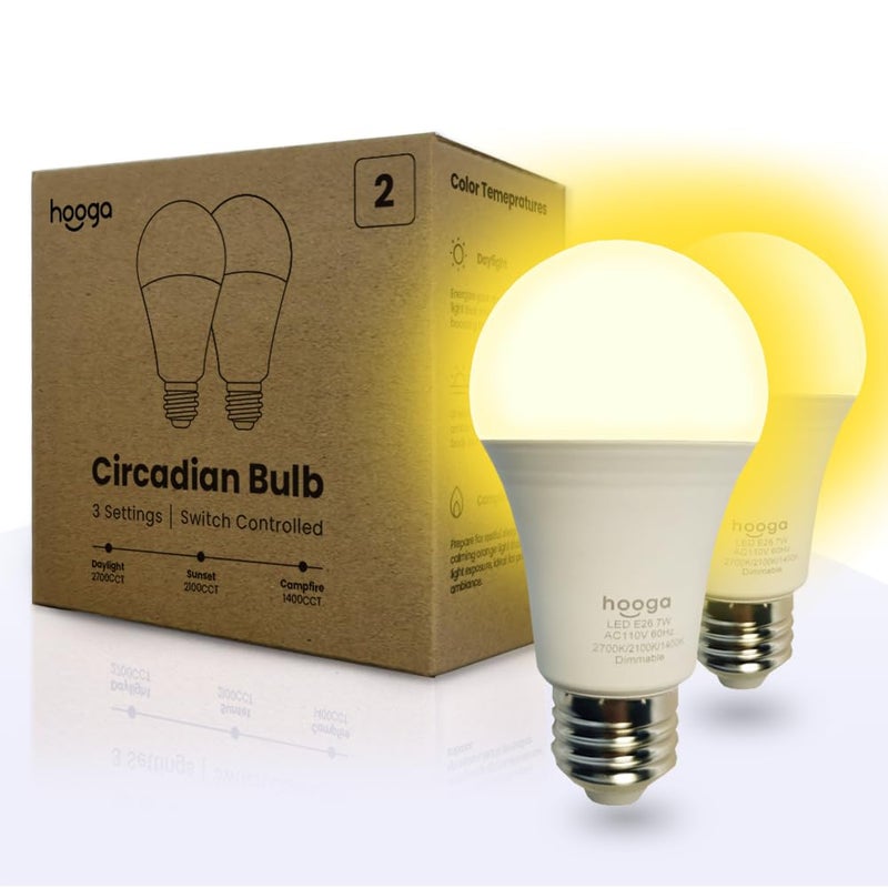 hooga Circadian Rhythm Full Spectrum LED Light Bulb - 2700K, 2100K, 1400K, Flicker-Free, Blue Light Free Night Mode, 7W Energy Efficient Warm White for Sleep, Relaxation & Focus - 2 Pack - Image 1