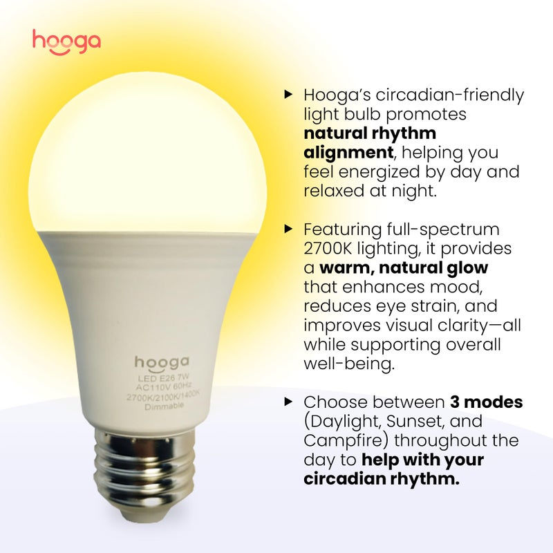 hooga Circadian Rhythm Full Spectrum LED Light Bulb - 2700K, 2100K, 1400K, Flicker-Free, Blue Light Free Night Mode, 7W Energy Efficient Warm White for Sleep, Relaxation & Focus - 2 Pack - Image 2