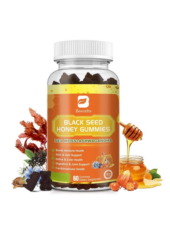 B BEWORTHS جواهر زيت الحبة السوداء مع طحالب البحر وأشواغاندا وجذر الأرقطيون وعسل الزيزفون والتوت الأسود والكركم وفيتامين C وD3 والزنك - يدعم المناعة والمفاصل والهضم والشعر والبشرة، جواهر نباتية 60 حبة - Image 1