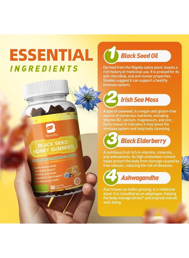 B BEWORTHS جواهر زيت الحبة السوداء مع طحالب البحر وأشواغاندا وجذر الأرقطيون وعسل الزيزفون والتوت الأسود والكركم وفيتامين C وD3 والزنك - يدعم المناعة والمفاصل والهضم والشعر والبشرة، جواهر نباتية 60 حبة - Image 2