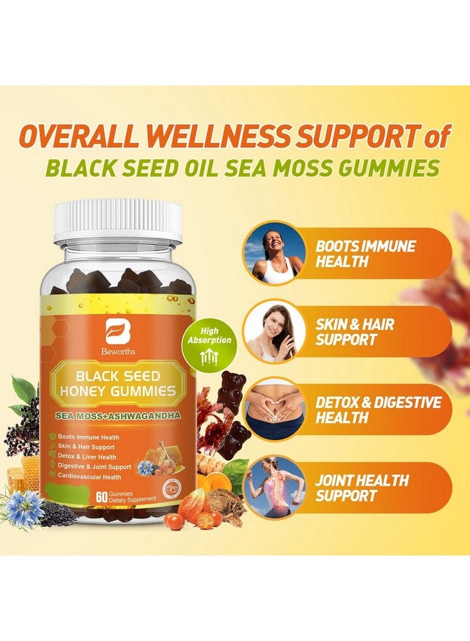 B BEWORTHS جواهر زيت الحبة السوداء مع طحالب البحر وأشواغاندا وجذر الأرقطيون وعسل الزيزفون والتوت الأسود والكركم وفيتامين C وD3 والزنك - يدعم المناعة والمفاصل والهضم والشعر والبشرة، جواهر نباتية 60 حبة - Image 3