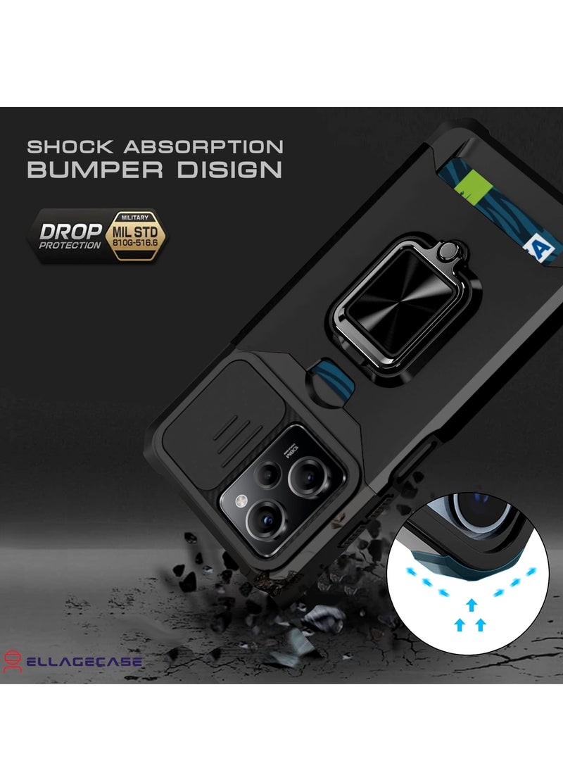 ELLAGECASE حافظة مقاومة للصدمات مع فتحة بطاقة، قاعدة وحماية كاميرا قوية لهاتف Xiaomi Redmi Note 12 Pro 5G / Xiaomi Poco X5 Pro 5G – تتضمن لوحة معدنية مخفية - Image 2