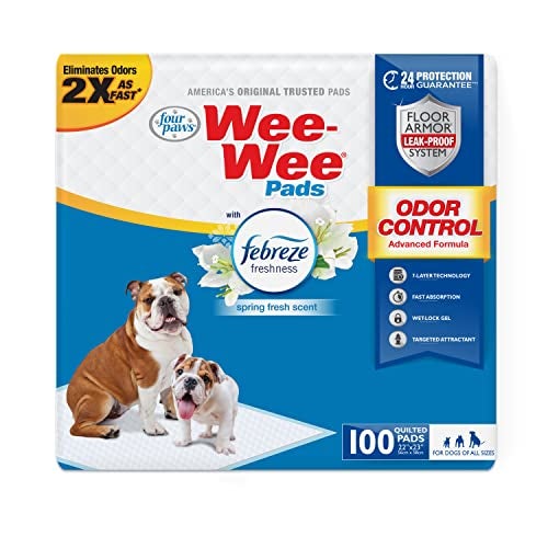 Four Paws Wee-Wee Odor Control with Febreze Freshness Pee Pads for Dogs & Puppies, Leak-Proof Dog Housebreaking Potty Training Floor Protection, Spring Fresh Scent, 22" x 23", 100 Count - Image 1