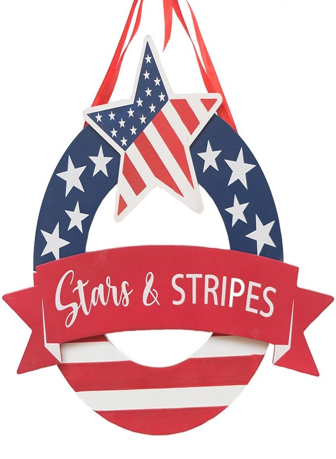CIR OASES Patriotic Wreath Wooden Star & Stripes Hanging Decor, Memorial Day 4th of July Red White Blue Decorations - Image 1