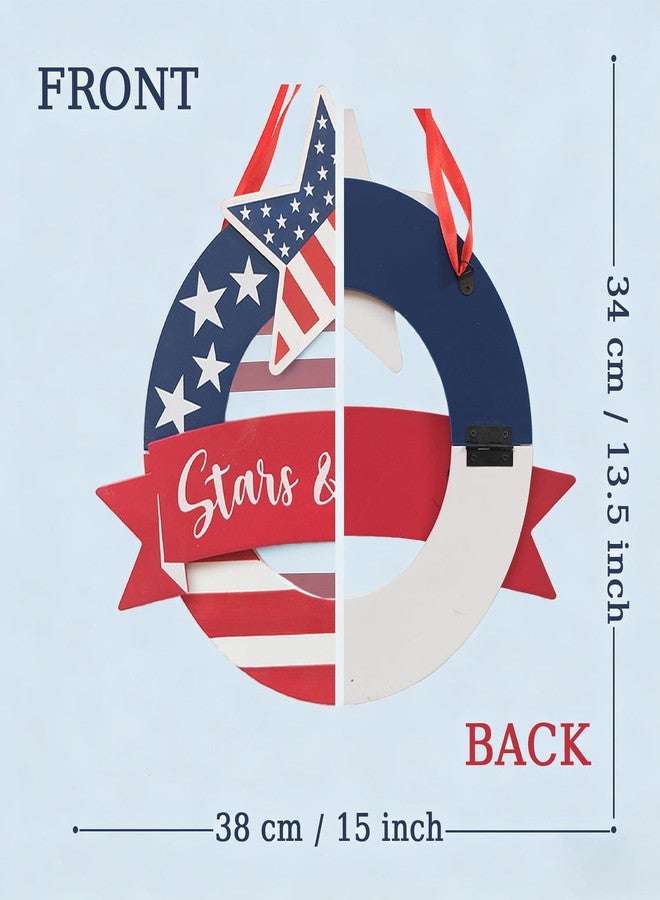 CIR OASES Patriotic Wreath Wooden Star & Stripes Hanging Decor, Memorial Day 4th of July Red White Blue Decorations - Image 2