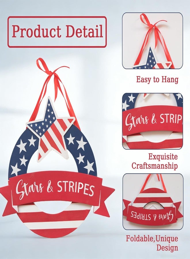 CIR OASES Patriotic Wreath Wooden Star & Stripes Hanging Decor, Memorial Day 4th of July Red White Blue Decorations - Image 3