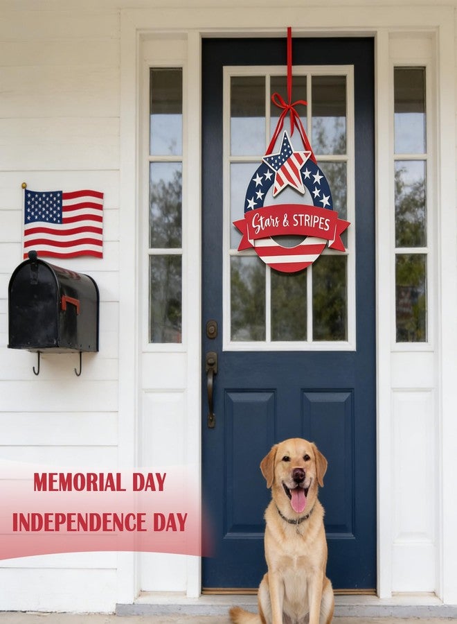 CIR OASES Patriotic Wreath Wooden Star & Stripes Hanging Decor, Memorial Day 4th of July Red White Blue Decorations - Image 4