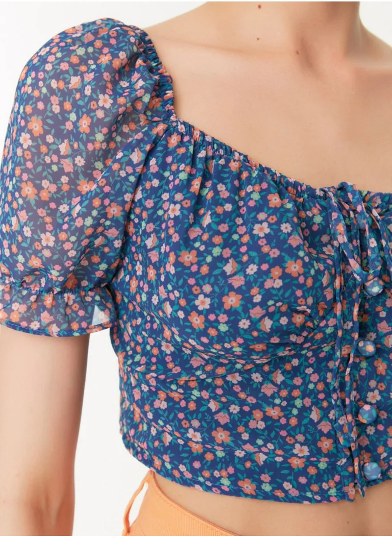 ترينديول Puff Sleeve Floral Print Crop Top