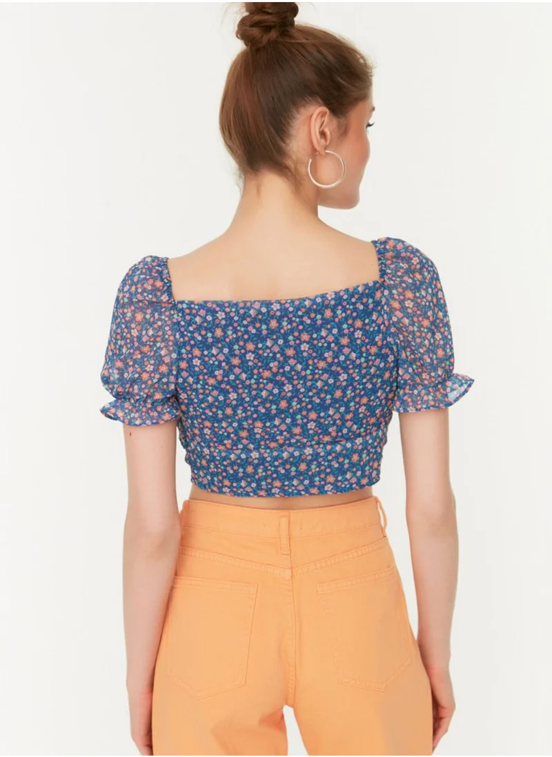 ترينديول Puff Sleeve Floral Print Crop Top