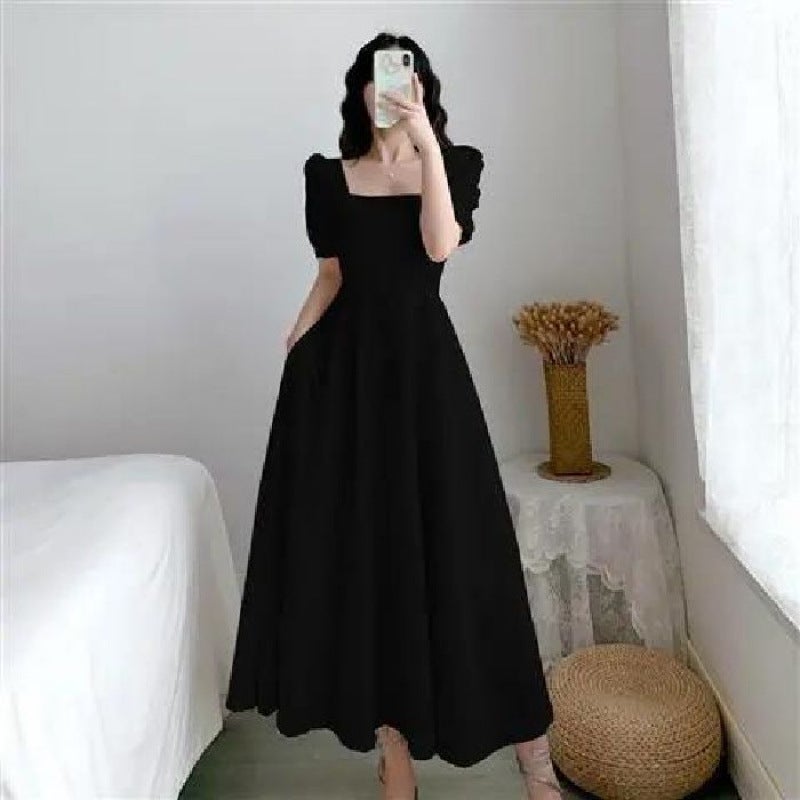 Dress Ins Summer Retro New Style Waist Slimming Look Long Skirt Elegant French Square Neck Bubble Hepburn Women'S Skirt - Image 1