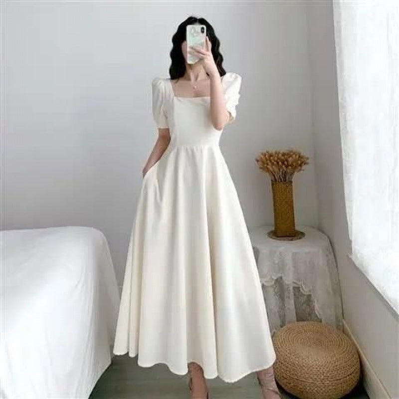 Dress Ins Summer Retro New Style Waist Slimming Look Long Skirt Elegant French Square Neck Bubble Hepburn Women'S Skirt - Image 2