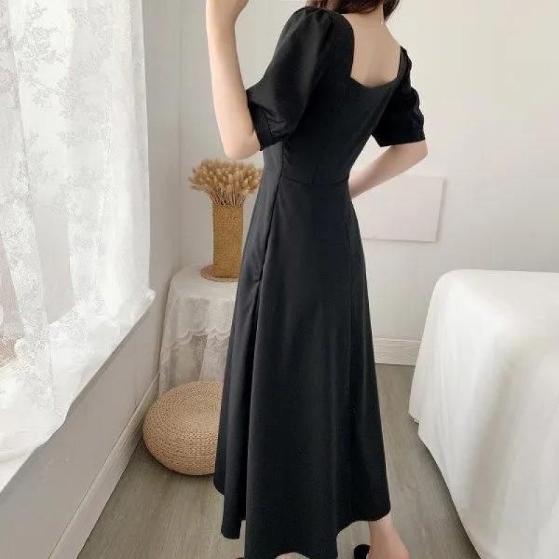 Dress Ins Summer Retro New Style Waist Slimming Look Long Skirt Elegant French Square Neck Bubble Hepburn Women'S Skirt - Image 4