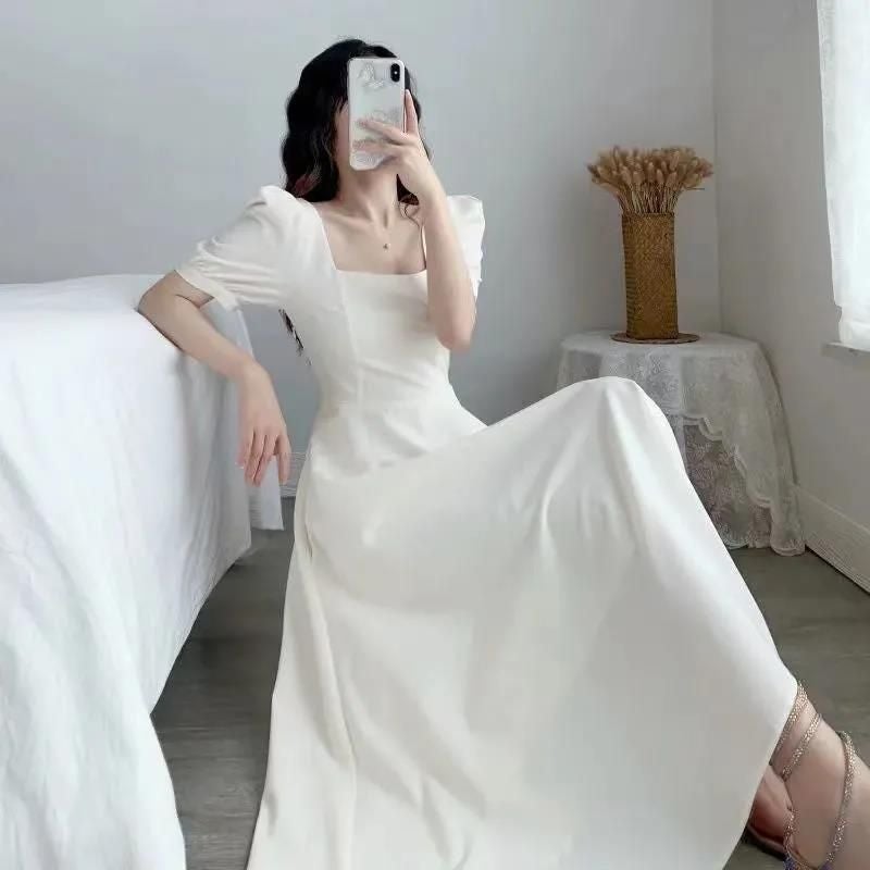 Dress Ins Summer Retro New Style Waist Slimming Look Long Skirt Elegant French Square Neck Bubble Hepburn Women'S Skirt - Image 5