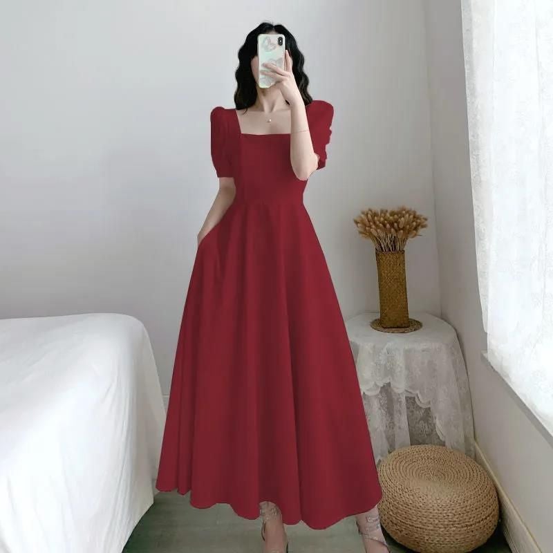 Dress Ins Summer Retro New Style Waist Slimming Look Long Skirt Elegant French Square Neck Bubble Hepburn Women'S Skirt - Image 3