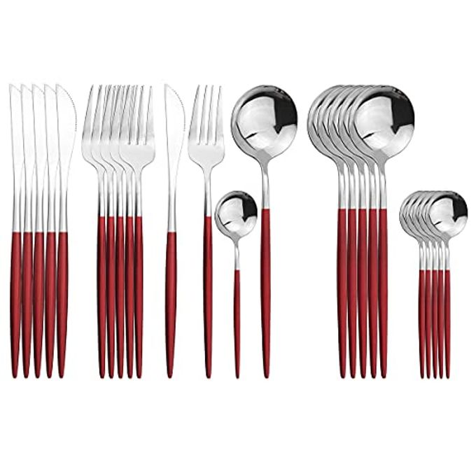 Uniturcky Silver Silverware Set, 24-Piece Stainless Steel Flatware Set Service For 6, Mirror Polished Red Handle Tableware Cutlery Set Knife Fork And Spoon For Home & Restaurant, Dishwasher Safe