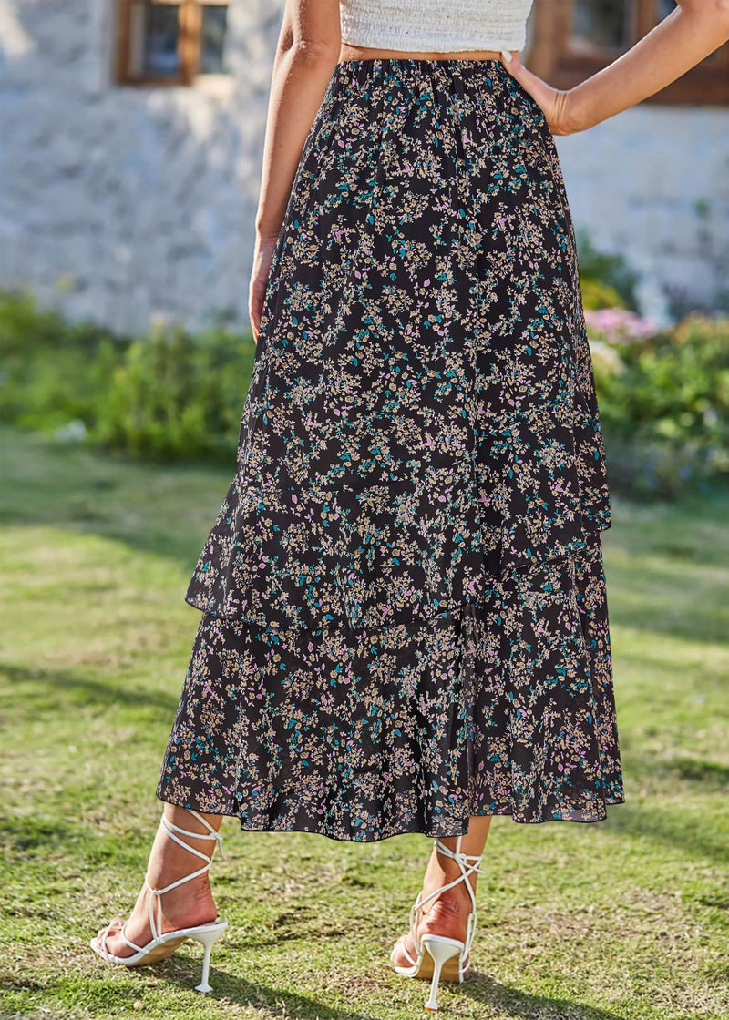 BTFBM Women 2025 Summer Spring Boho Long Skirts Dress Floral Print Elastic Waist Split Ruffle High Low Beach Maxi Skirt(Print Floral Black, Large) - Image 4