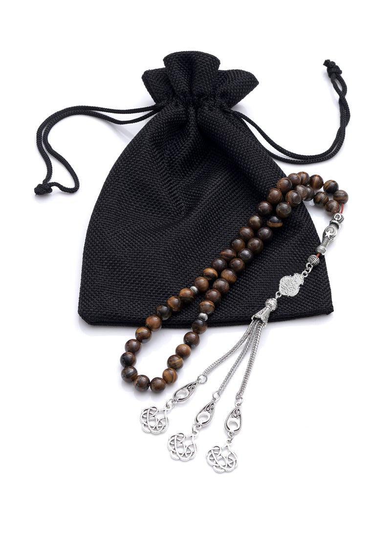 Subhati Prayer Beads ( Misbah) with metal Parts and  Tiger Eye Stone | 8 MM Beads - 45 Pcs | Gandeel Design 1  - Image 3