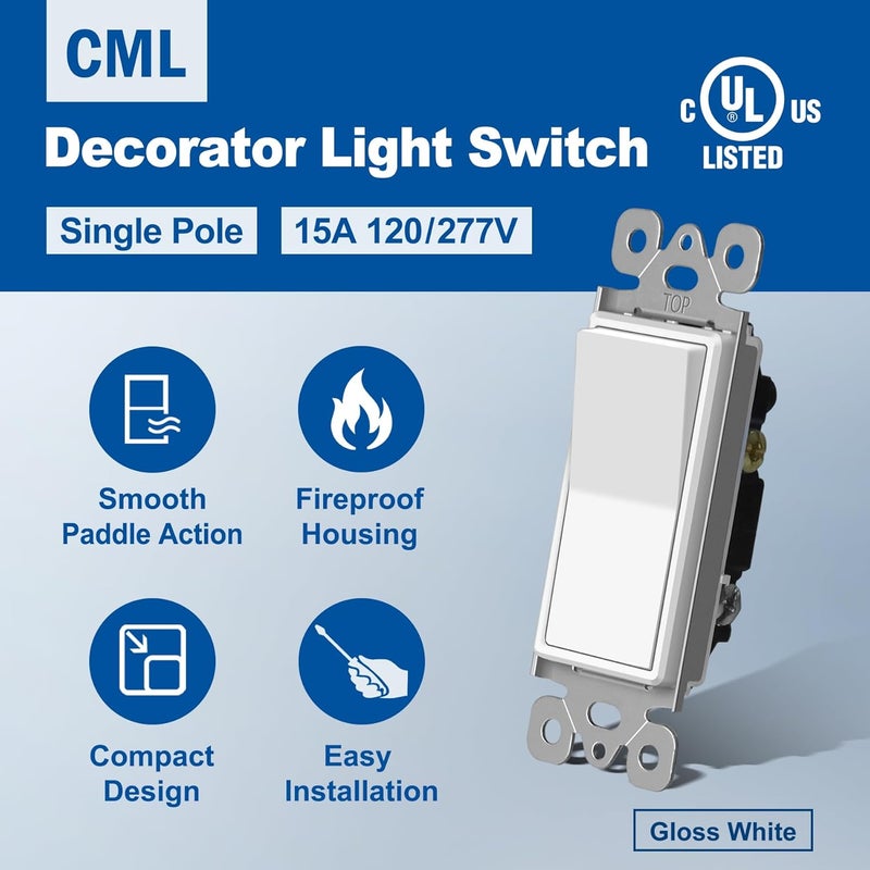 CML Hardware (50 Pack) CML Decorator Wall Light Switch, Single Pole Switch, 15A 120/277V, 3-Year Warranty, White - Image 2