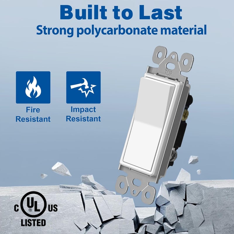 CML Hardware (50 Pack) CML Decorator Wall Light Switch, Single Pole Switch, 15A 120/277V, 3-Year Warranty, White - Image 4