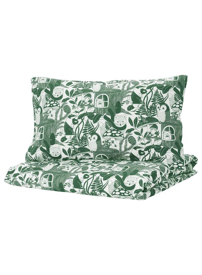 erorex Duvet cover and pillowcase, white green/forest pattern, 150x200/50x80 cm - Image 1