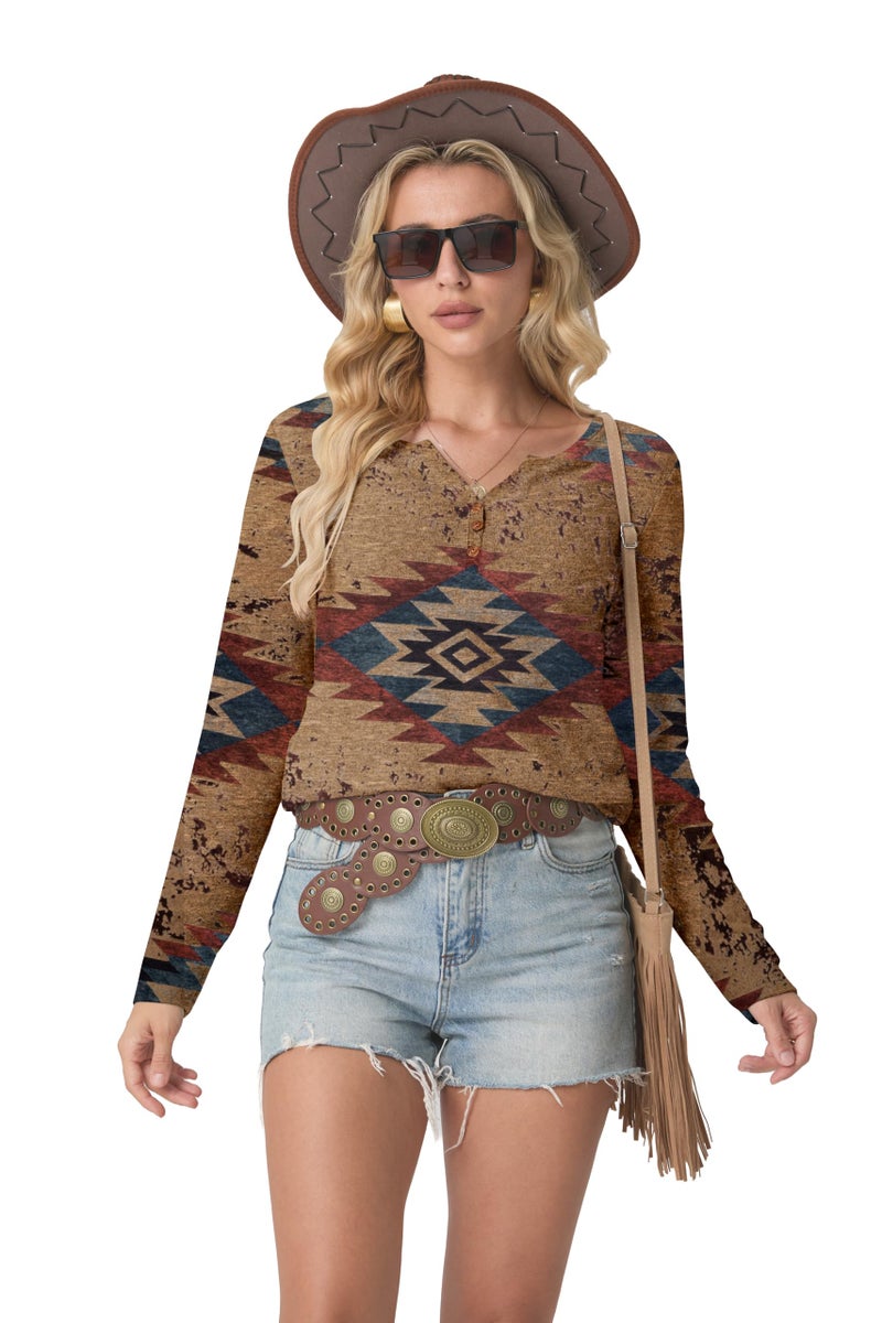 IWOLLENCE Womens Long Sleeve Aztec Western T Shirts Cow Print Vinatge Geometry Graphic Henley Tops Seniors Casual Button V Neck Blouse Early Fall Brown Red Blue Geom, XL - Image 2