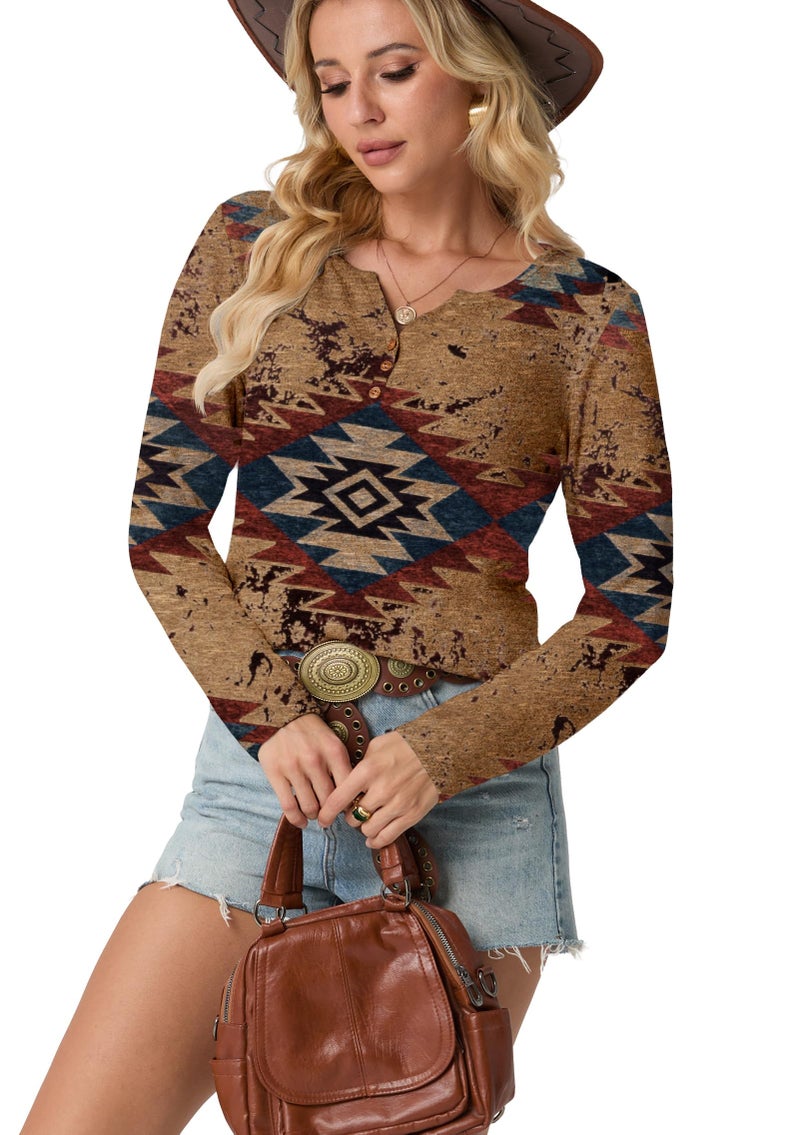 IWOLLENCE Womens Long Sleeve Aztec Western T Shirts Cow Print Vinatge Geometry Graphic Henley Tops Seniors Casual Button V Neck Blouse Early Fall Brown Red Blue Geom, XL - Image 5