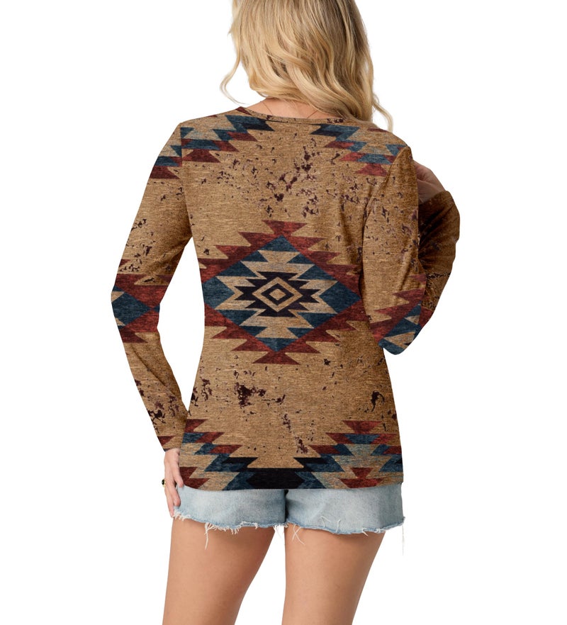 IWOLLENCE Womens Long Sleeve Aztec Western T Shirts Cow Print Vinatge Geometry Graphic Henley Tops Seniors Casual Button V Neck Blouse Early Fall Brown Red Blue Geom, XL - Image 4