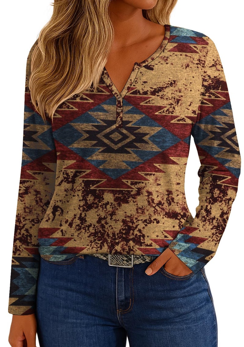IWOLLENCE Womens Long Sleeve Aztec Western T Shirts Cow Print Vinatge Geometry Graphic Henley Tops Seniors Casual Button V Neck Blouse Early Fall Brown Red Blue Geom, XL - Image 1