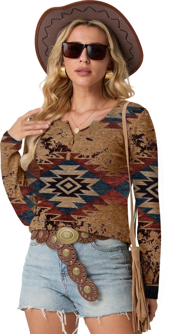 IWOLLENCE Womens Long Sleeve Aztec Western T Shirts Cow Print Vinatge Geometry Graphic Henley Tops Seniors Casual Button V Neck Blouse Early Fall Brown Red Blue Geom, XL - Image 3