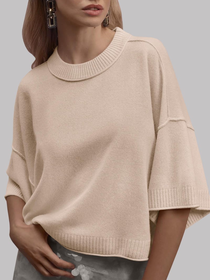Saodimallsu Womens Short Sleeve Sweater Summer Oversized Cropped Sweaters Casual Crewneck Lightweight Knit Tops - Image 2