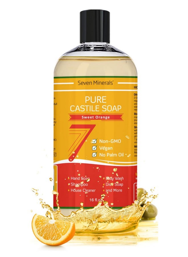 Seven Minerals Pure Castile Soap, Sweet Orange - No Palm Oil, GMO-Free - Gentle Liquid Soap For Sensitive Skin & Baby Wash - All Natural Vegan Formula with Organic Carrier Oils  - Image 3