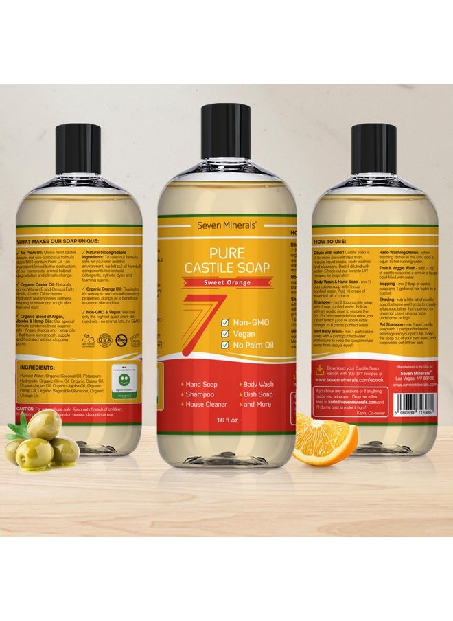 Seven Minerals Pure Castile Soap, Sweet Orange - No Palm Oil, GMO-Free - Gentle Liquid Soap For Sensitive Skin & Baby Wash - All Natural Vegan Formula with Organic Carrier Oils  - Image 4