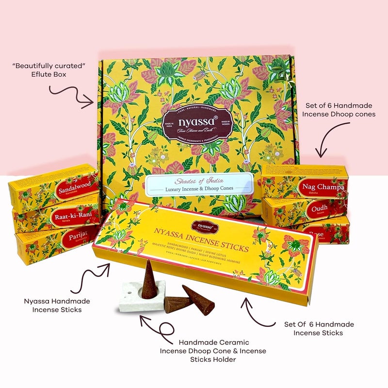 Nyassa Shades of India Luxury Incense Dhoop Cones Gift Set Premium Collection of 5 Dhoop Cones and 6 Handcrafted Incense Stick Floral Woody Aromatic Home Fragrance Collection - Image 2