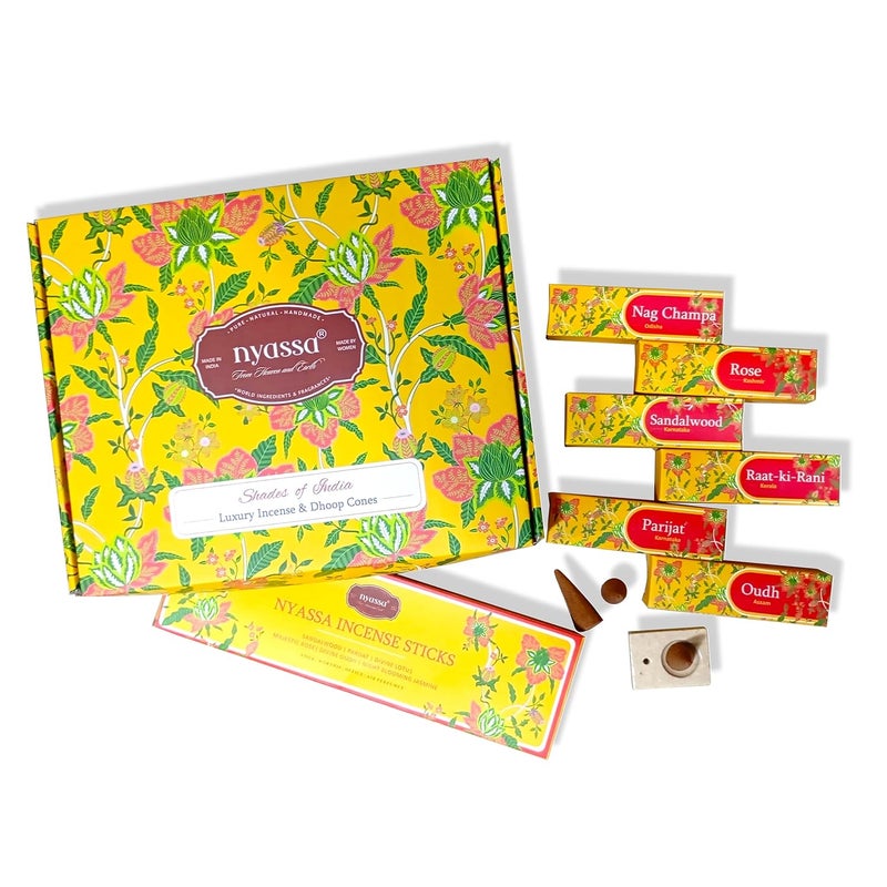 Nyassa Shades of India Luxury Incense Dhoop Cones Gift Set Premium Collection of 5 Dhoop Cones and 6 Handcrafted Incense Stick Floral Woody Aromatic Home Fragrance Collection - Image 1