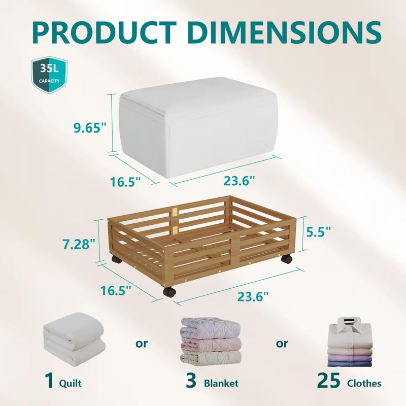 WISUCART Bamboo Under Bed Storage Containers- Underbed Organizer with Wheels with Large Capacity Dust Bag,Sturdy Wood Rolling Under Bed Shoe Storage Organizer 2 Packs (Walnut, 2 Packs (23.62"Ã—16.54")) - Image 2