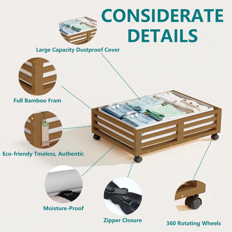 WISUCART Bamboo Under Bed Storage Containers- Underbed Organizer with Wheels with Large Capacity Dust Bag,Sturdy Wood Rolling Under Bed Shoe Storage Organizer 2 Packs (Walnut, 2 Packs (23.62"Ã—16.54")) - Image 3