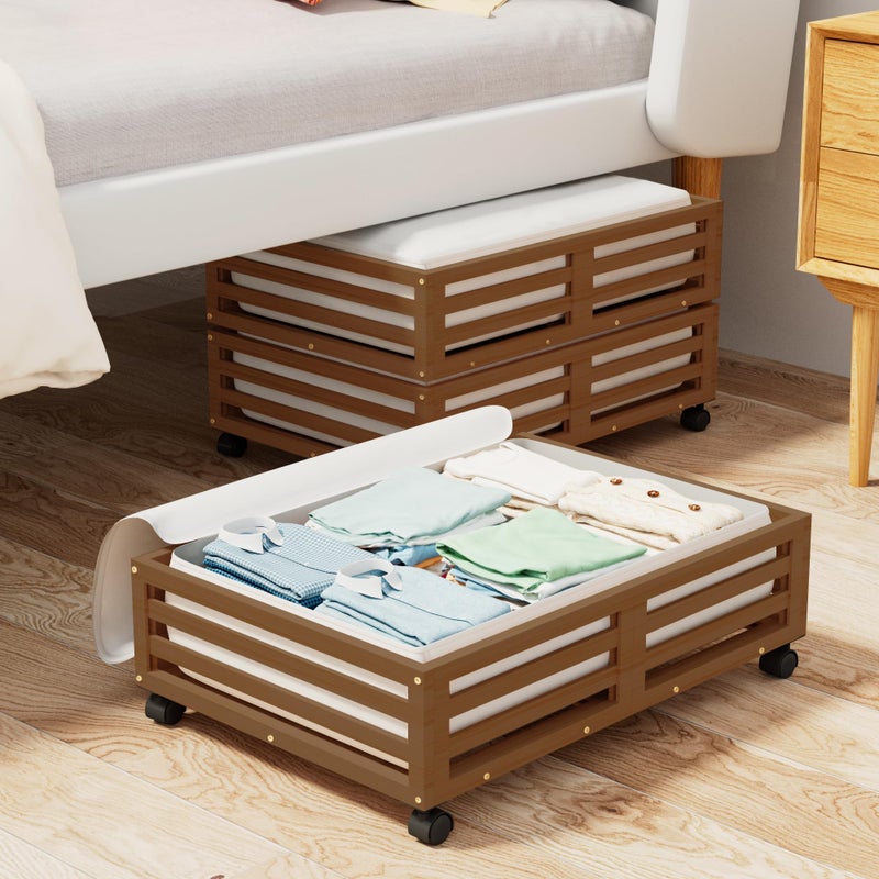 WISUCART Bamboo Under Bed Storage Containers- Underbed Organizer with Wheels with Large Capacity Dust Bag,Sturdy Wood Rolling Under Bed Shoe Storage Organizer 2 Packs (Walnut, 2 Packs (23.62"Ã—16.54")) - Image 1