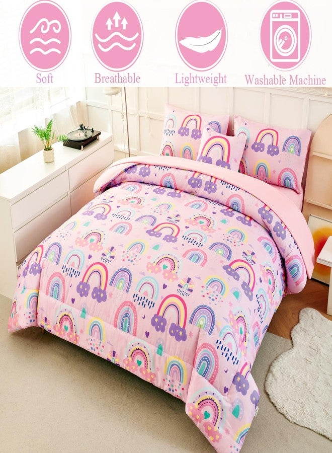 ANGIYUIN Colorful Rainbow Twin Size Comforter Set for Girls Cartoon Clouds Love Hearts Bedding Set with Sheets 6Pcs Kids Bed in A Bag, Pink, Twin - Image 3