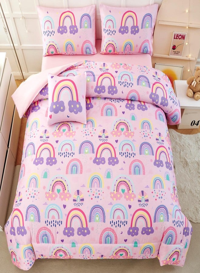 ANGIYUIN Colorful Rainbow Twin Size Comforter Set for Girls Cartoon Clouds Love Hearts Bedding Set with Sheets 6Pcs Kids Bed in A Bag, Pink, Twin - Image 2