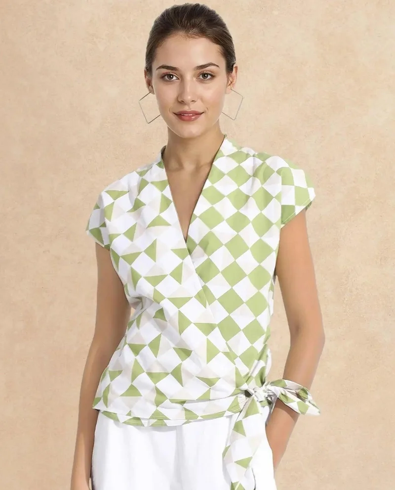 Rareism Women's Extended Sleeve Overlap Neck Top Â€“ Geometric Printï¿½