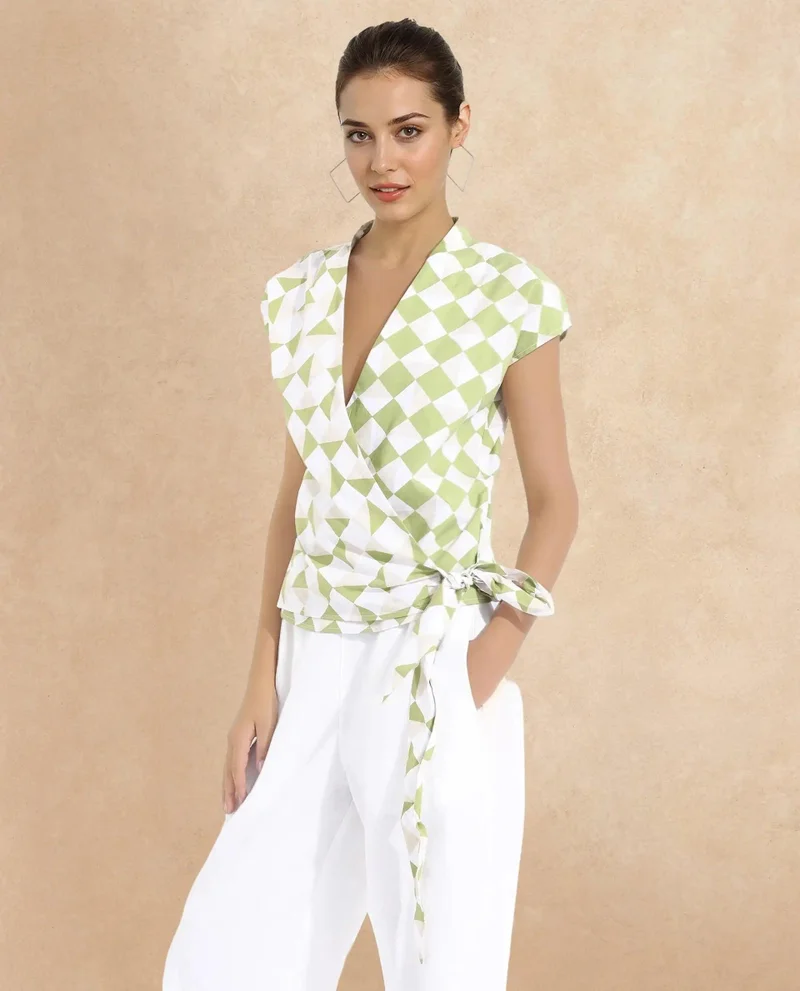 Rareism Women's Extended Sleeve Overlap Neck Top Â€“ Geometric Printï¿½