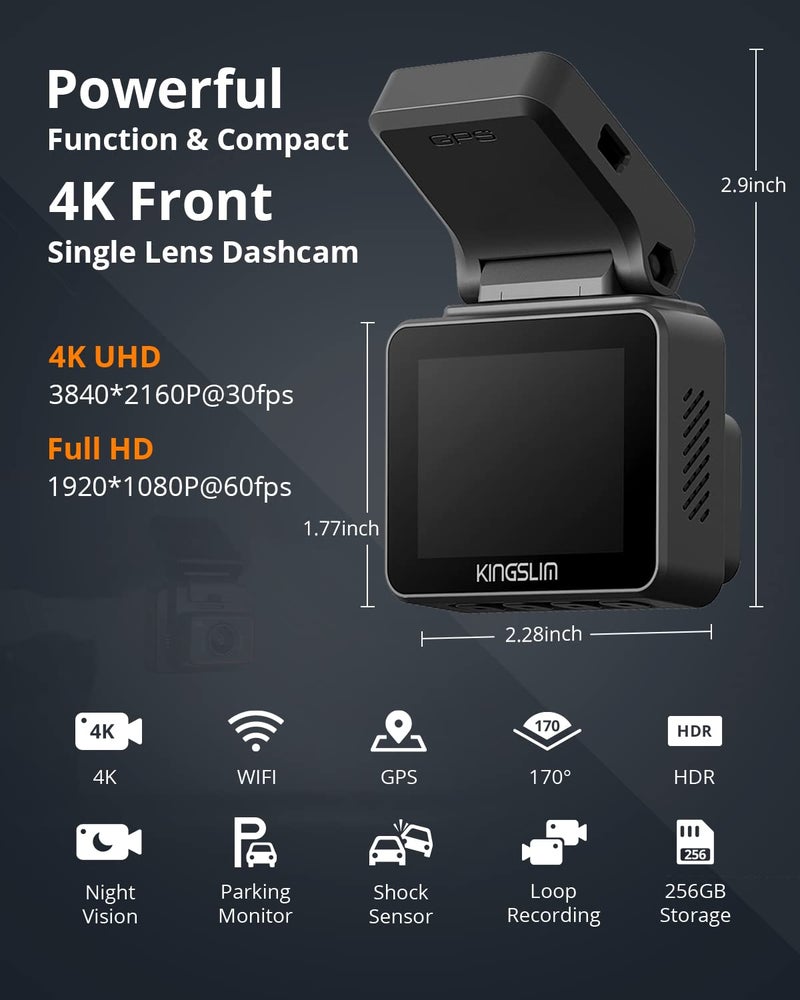 Kingslim D5-4K Dash Cam with WiFi - Front Dash Camera for Cars with GPS and Speed, Sony Night Vision, Support APP and 256GB Max - Image 2