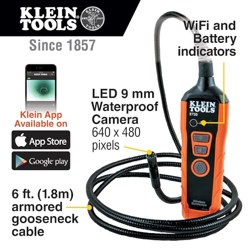 Klein Tools ET20 WiFi Borescope 9 mm 6Foot Armored Waterproof Gooseneck Snake LED Lights Rechargeable Battery Endoscope Inspection Camera - Image 3