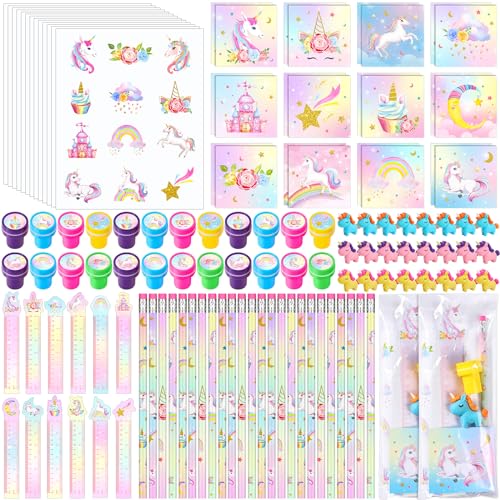 PerKoop 168 Pcs Unicorn Valentines Day Favors Unicorn Goodie Favor Bags with Mini Notebook Pencil Sticker Stamp Pastel Rainbow Birthday Decor Prizes Gifts Goody Favors Bag Piata Fillers Supplies - Image 1