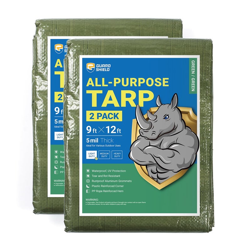 GUARD SHIELD Tarp Green 9x12 Feet Multi Purpose Waterproof Poly Tarp Cover 5mil 2Pack