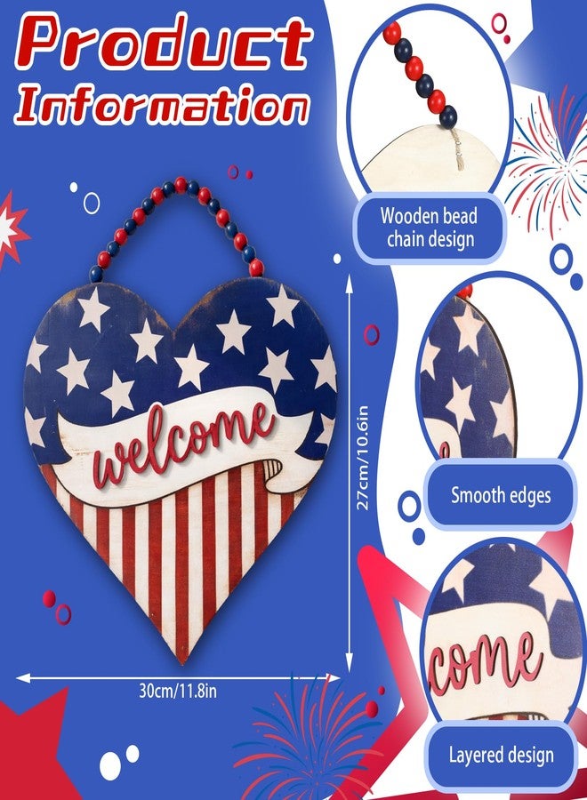 Threehoney 4th of July Door Sign Heart Patriotic Wood Wreath for Front Door Star Red White Blue 250th Anniversary Independence Day America Wooden Sign Memorial Day Hanging Decor for Home Wall Porch - Image 2