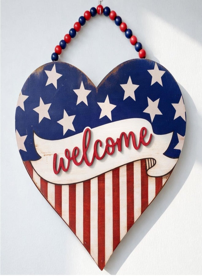 Threehoney 4th of July Door Sign Heart Patriotic Wood Wreath for Front Door Star Red White Blue 250th Anniversary Independence Day America Wooden Sign Memorial Day Hanging Decor for Home Wall Porch - Image 1