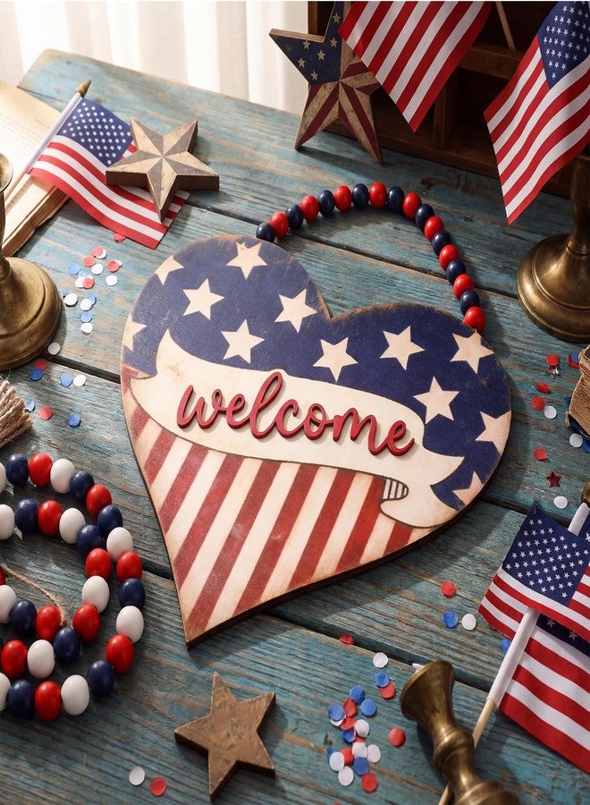 Threehoney 4th of July Door Sign Heart Patriotic Wood Wreath for Front Door Star Red White Blue 250th Anniversary Independence Day America Wooden Sign Memorial Day Hanging Decor for Home Wall Porch - Image 3