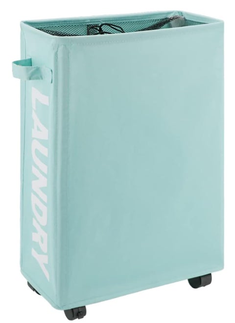 42L Rolling Slim Laundry Basket with Handle on Wheels, Foldable Hamper, Collapsible Sorter and Organizer, Tall Storage Bin (Light Blue)